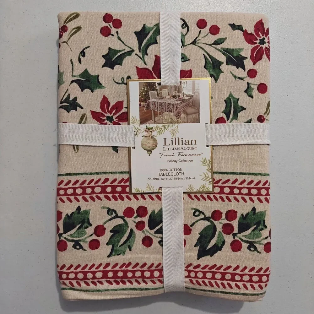 New Lillian August Cotton Tablecloth Holly Christmas Tan 60